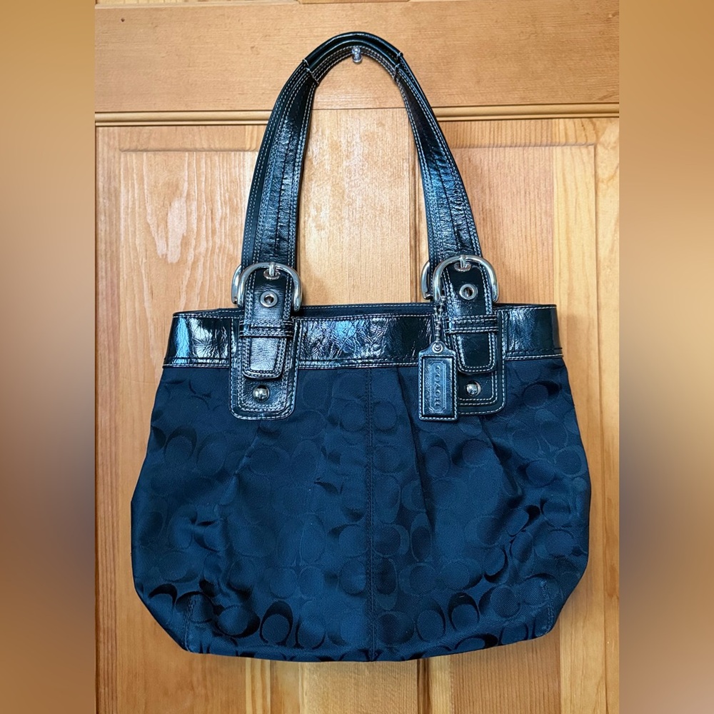 Coach Black Signature Jacquard Tote with Patent Trim